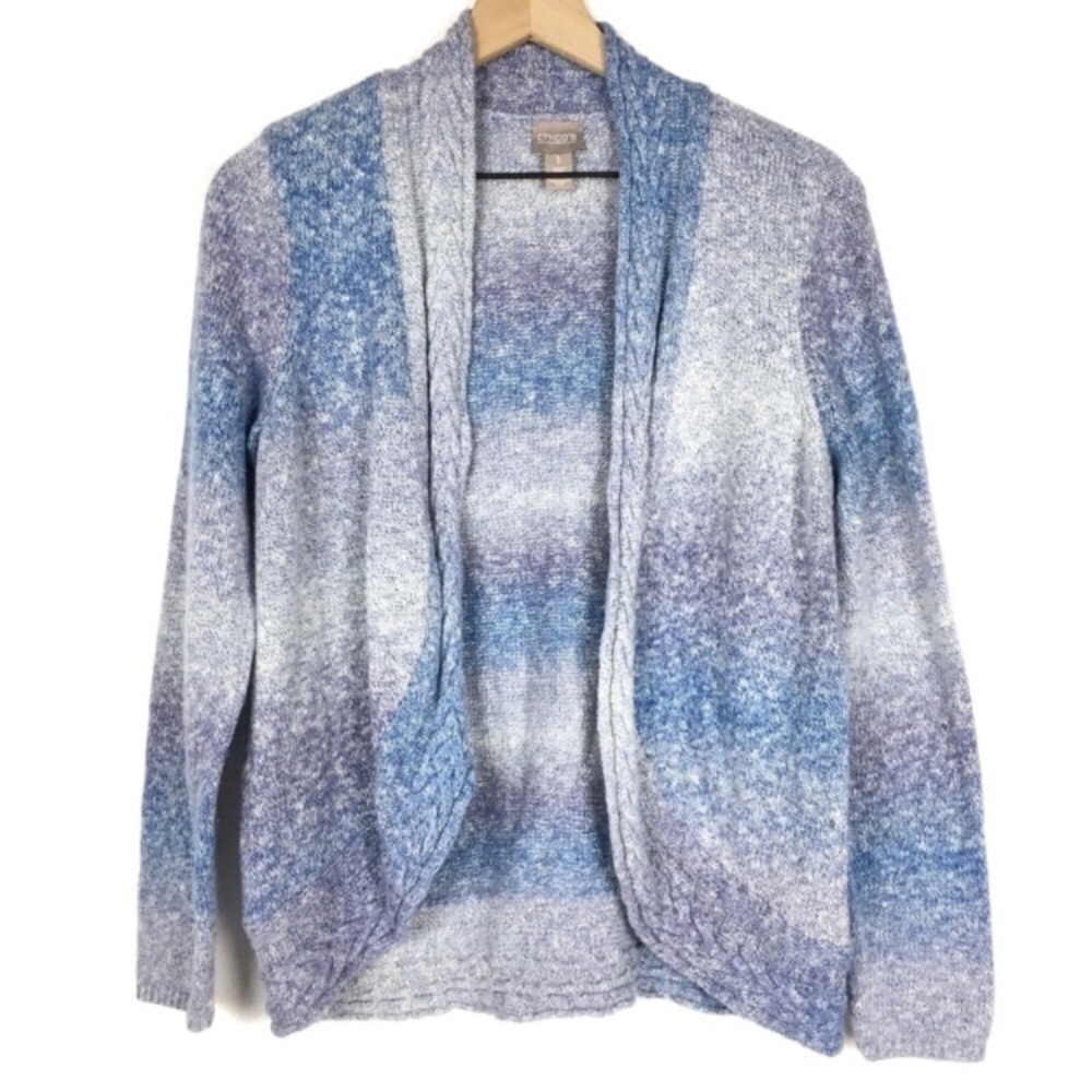 CHICO’S Cardigan Size 1 Medium Open Front Cable Knit Sweater Ombré Tie Dye Space